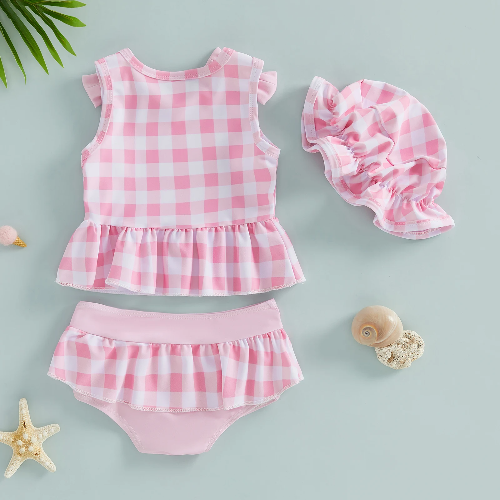 Traje de baño de niña con estampado cuadros y flores, volantes - imagen 4