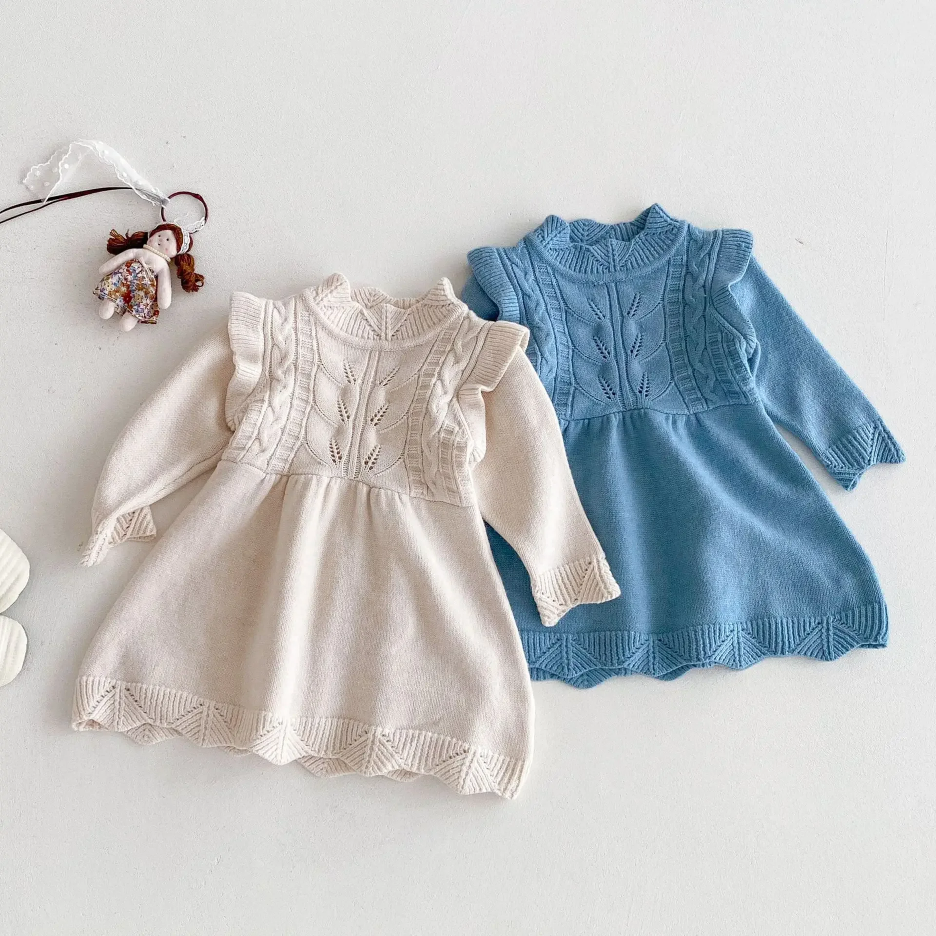 Ropa de otoño para niñas de 0 a 3 años, vestido de punto de línea A, vestido suéter de manga larga con cuello redondo, traje de punto para niños pequeños