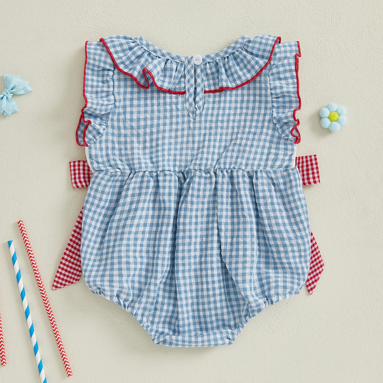 SUNSIOM 0-24 meses bebé niña 4 de julio mameluco bandera americana bordado a cuadros volantes ribete manga voladora mono recién nacido - imagen 2