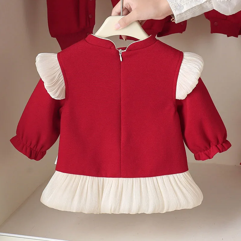 Vestido bordado rojo para niña – Manga larga estilo oriental