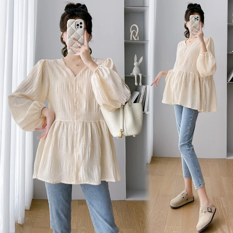 Blusa premamá de algodón con cuello V – Túnica holgada para embarazo