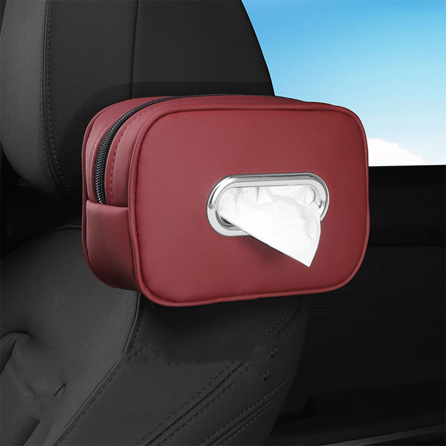 Soporte de caja de pañuelos de cuero de primera calidad para coche, ajuste Universal para consola, reposabrazos, visera y asiento trasero, funda de pañuelos con correa fija antideslizante - imagen 3