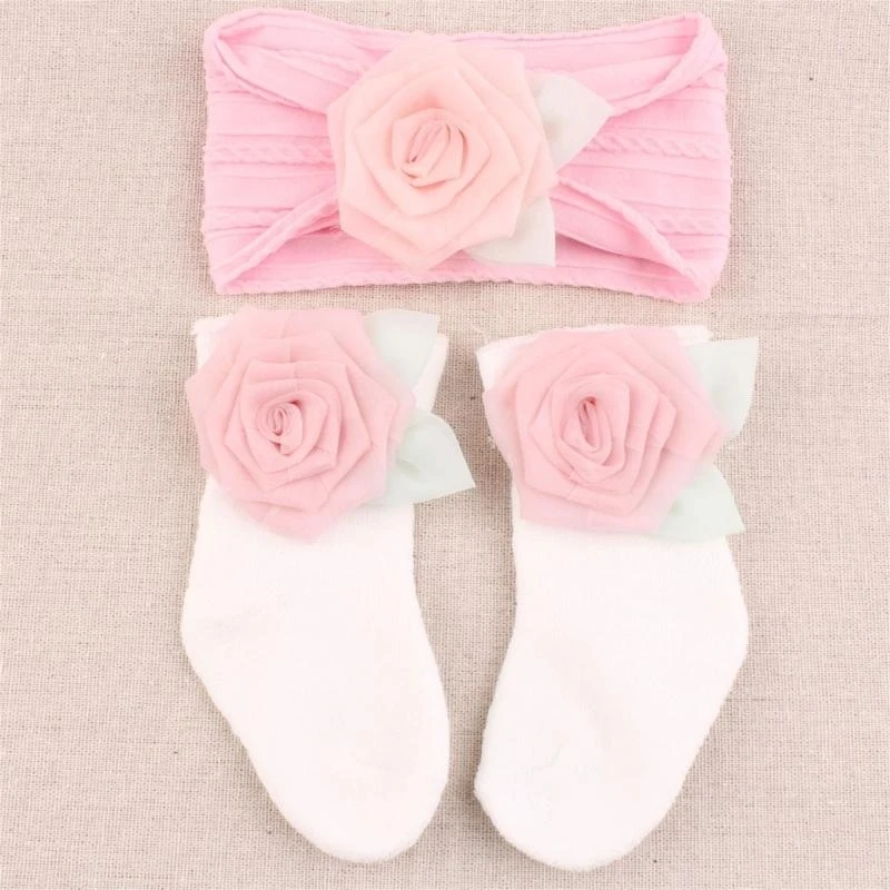 M76C Calcetines y diadema para recién nacidos, par calcetines y gorros elásticos y cómodos para bebés, calcetines y cintas - imagen 2