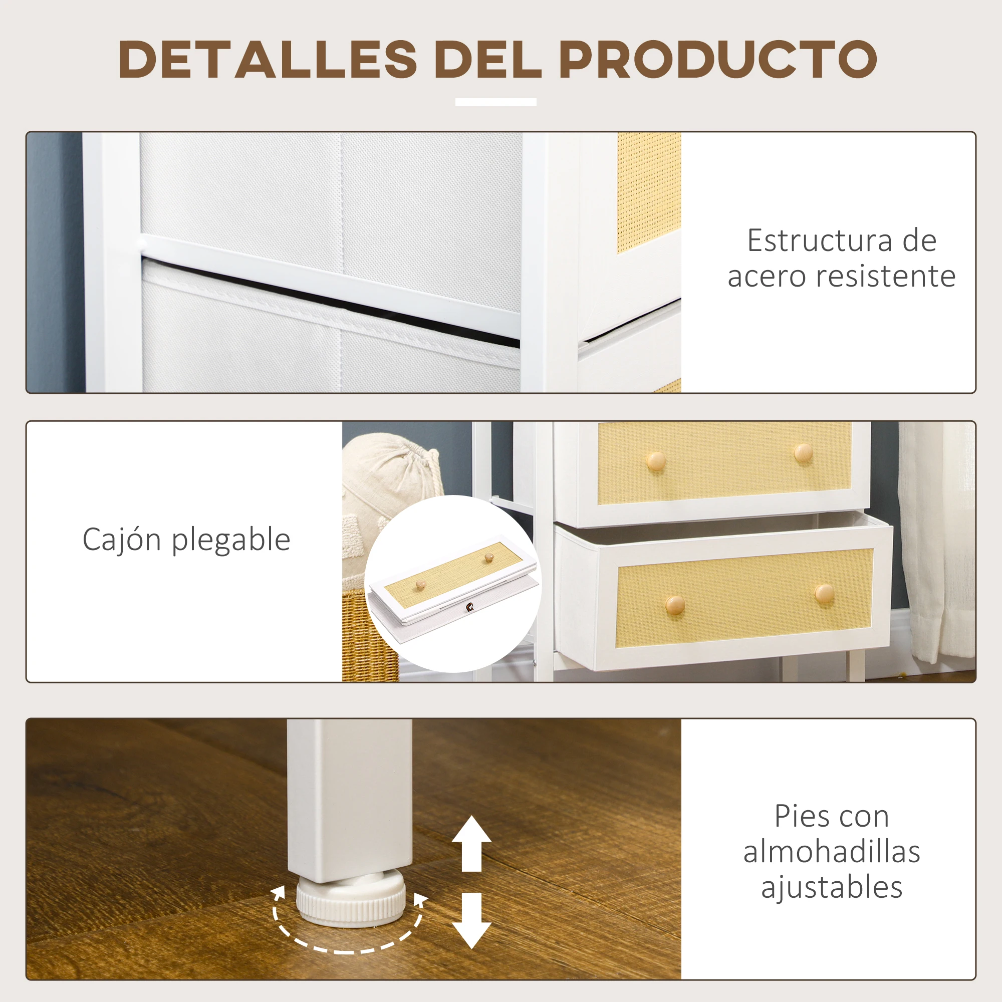 HOMCOM Cómoda de Dormitorio Cajonera de Estilo Bohemio con 4 Cajones de Tela Plegable Superficie de Ratán PE y Marco de Acero para Entrada Salón Pasillo Blanco - imagen 5