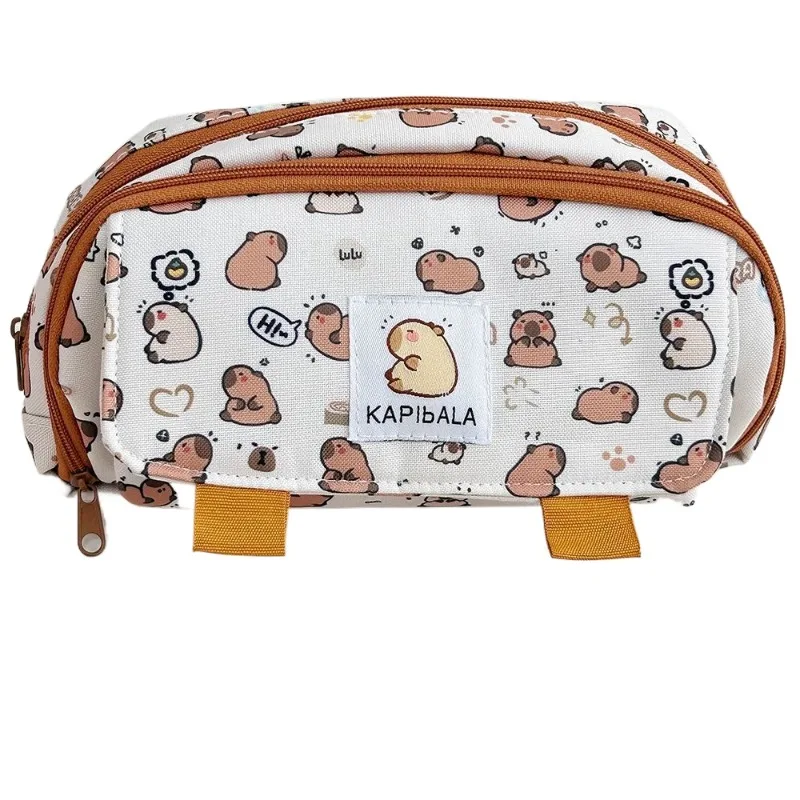 Bolsa para bolígrafos de tres capas de dibujos animados, bolsa de papelería de gran capacidad para carpinchos, estuche multifuncional para lápices para niños y niñas