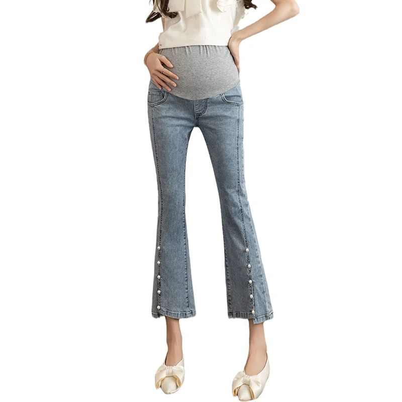 2306 #   Verano otoño moda rebordear bota corte Denim elástico maternidad Jeans vientre pantalones ropa para mujeres embarazadas embarazo - imagen 5