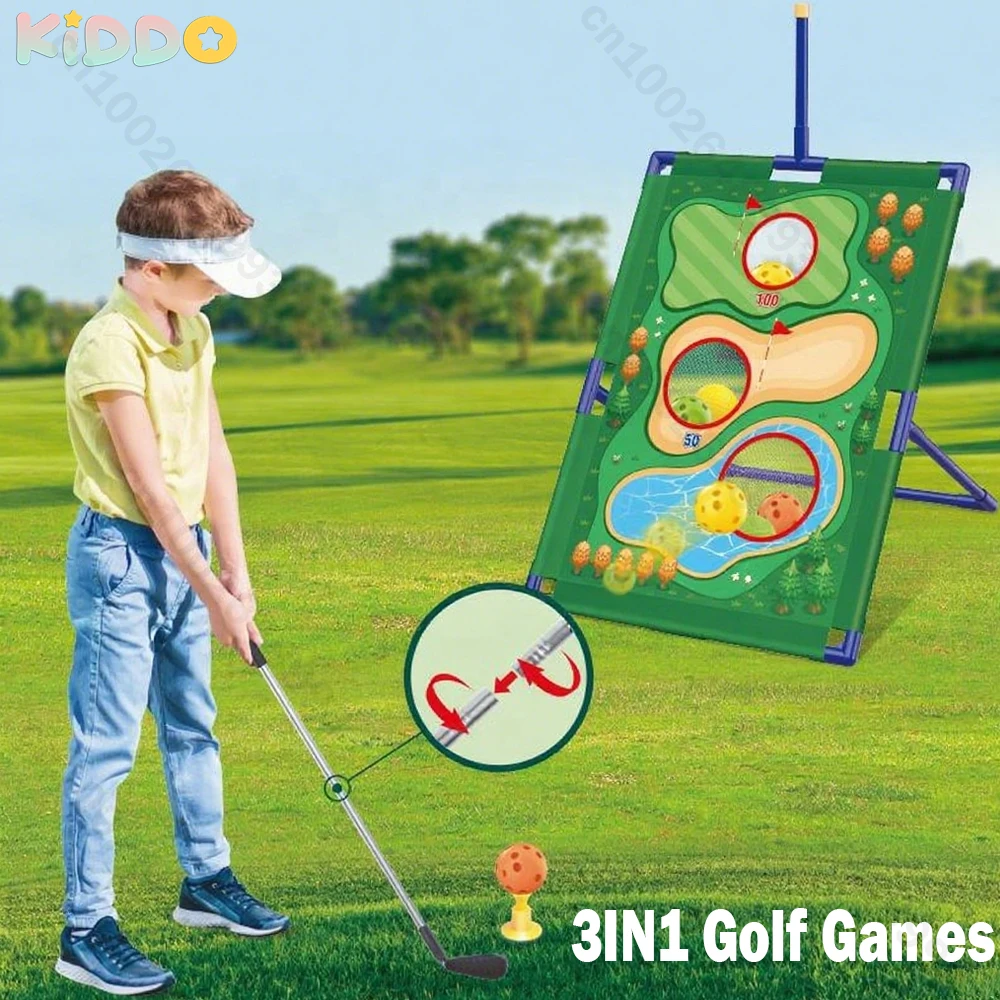 Juego de juegos de Golf 3 en 1 para niños, estera de práctica de Golf, red de astillado, bolsa de lanzamiento de frijoles, juego de Golf al aire libre de múltiples modos