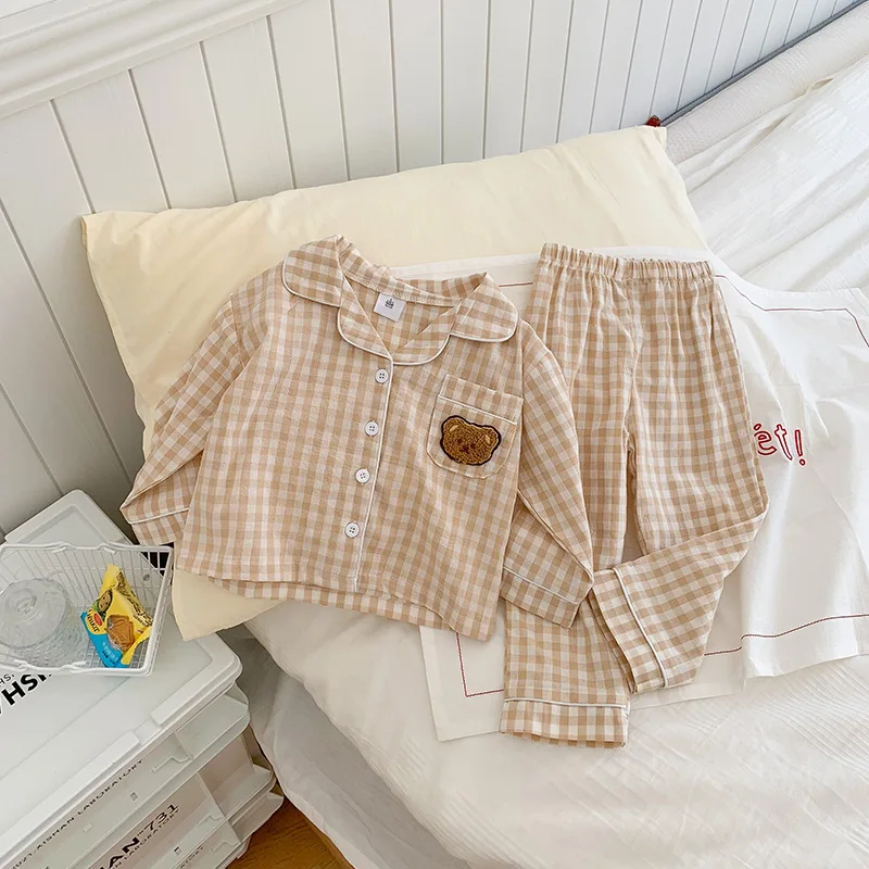 Ropa de dormir de algodón suave para niños y niñas, moda coreana, conjuntos de pijamas a cuadros con bonito oso de dibujos animados, ropa para el hogar para primavera y verano - imagen 4