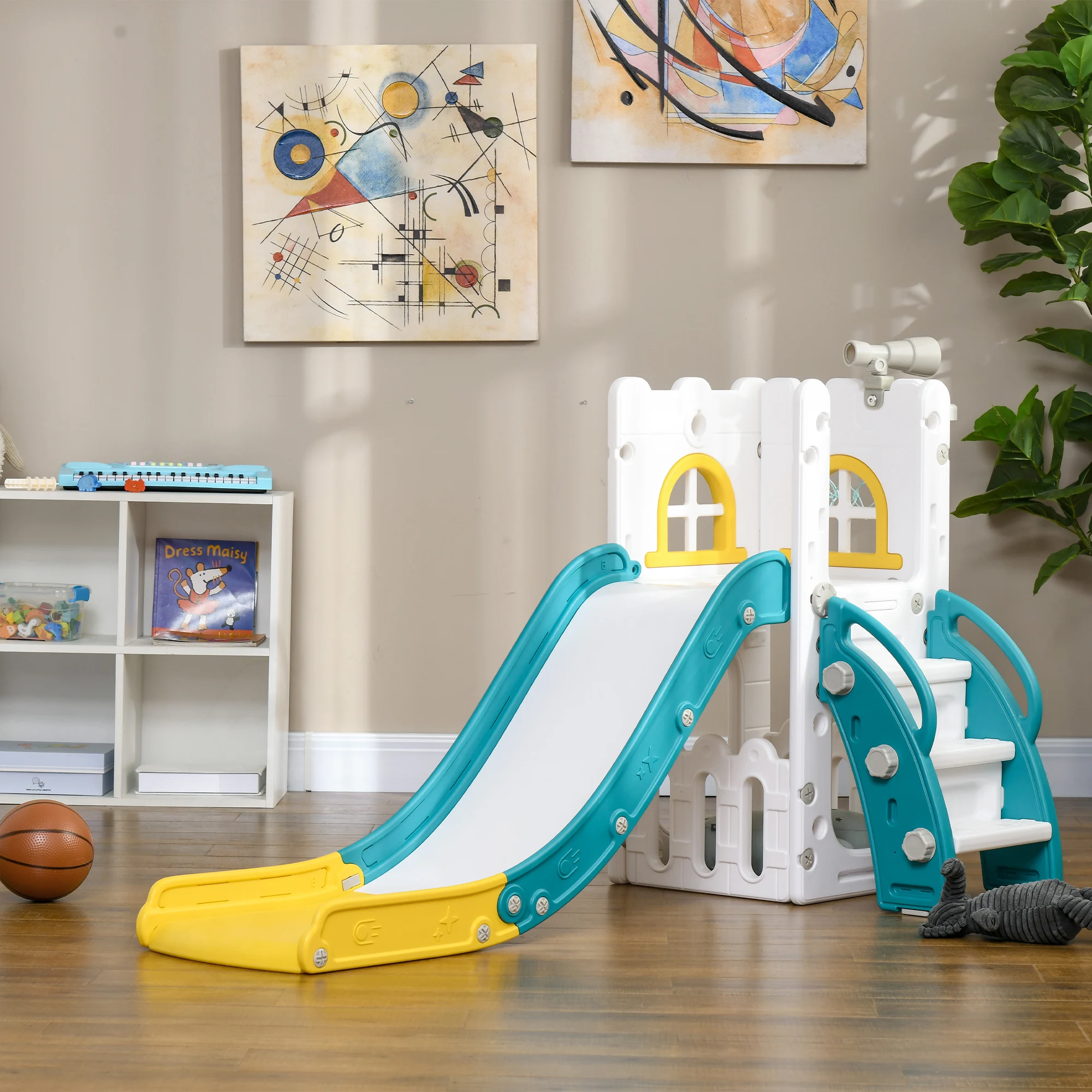 AIYAPLAY Tobogán Infantil 4 en 1, Tobogán para Niños de 1-3 Años con Aro de Baloncesto, Telescopio, Escalador y Cesta Inferior, para Interior y Exterior, Amarillo y Verde - imagen 2