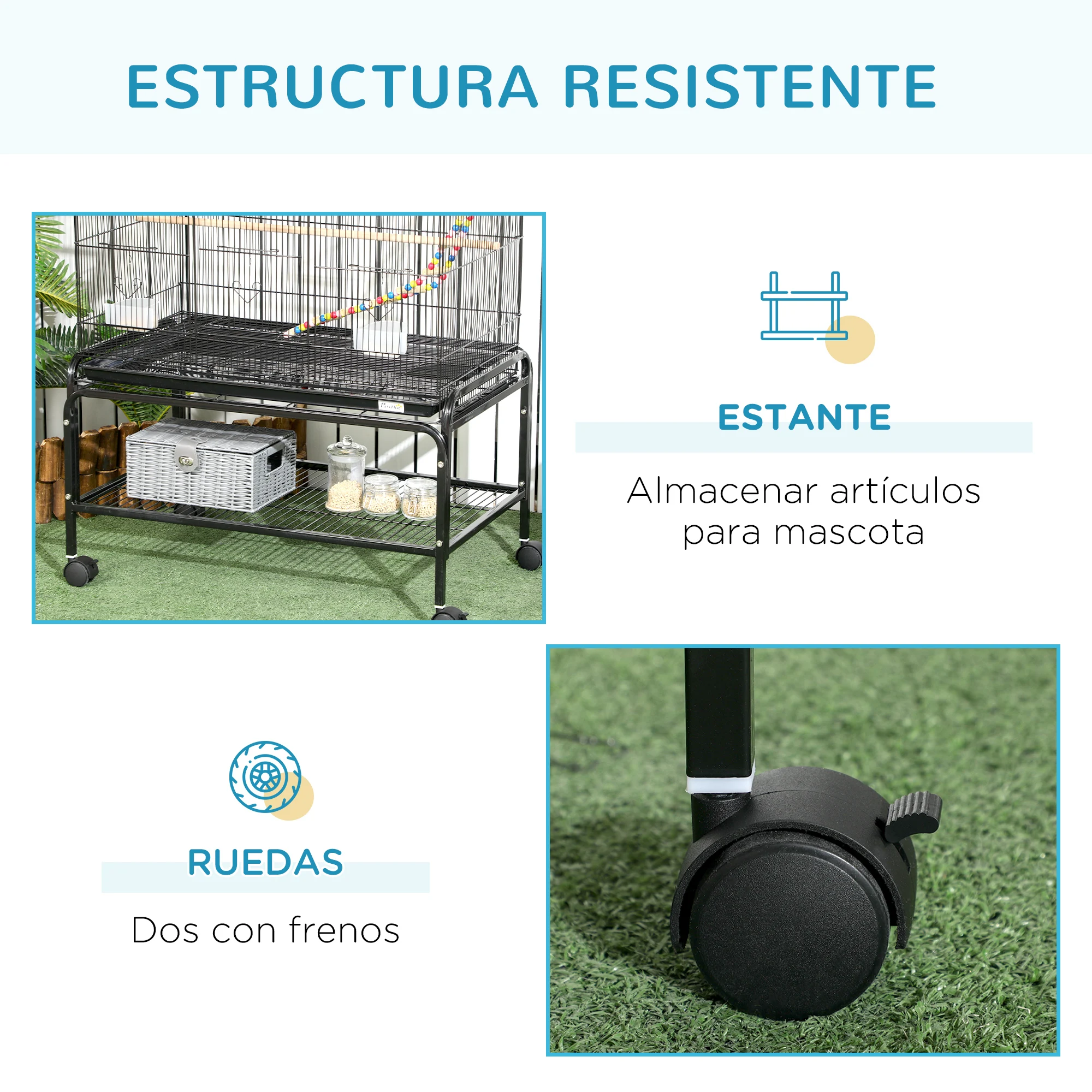 PawHut Jaula para Pájaros con Ruedas 79x49x133 cm Pajarera Metálico Jaula Grande con Soporte con 4 Comederos 3 Perchas Juguetes Bandeja Extraíble Estante para Canarios Periquitos Negro - imagen 5