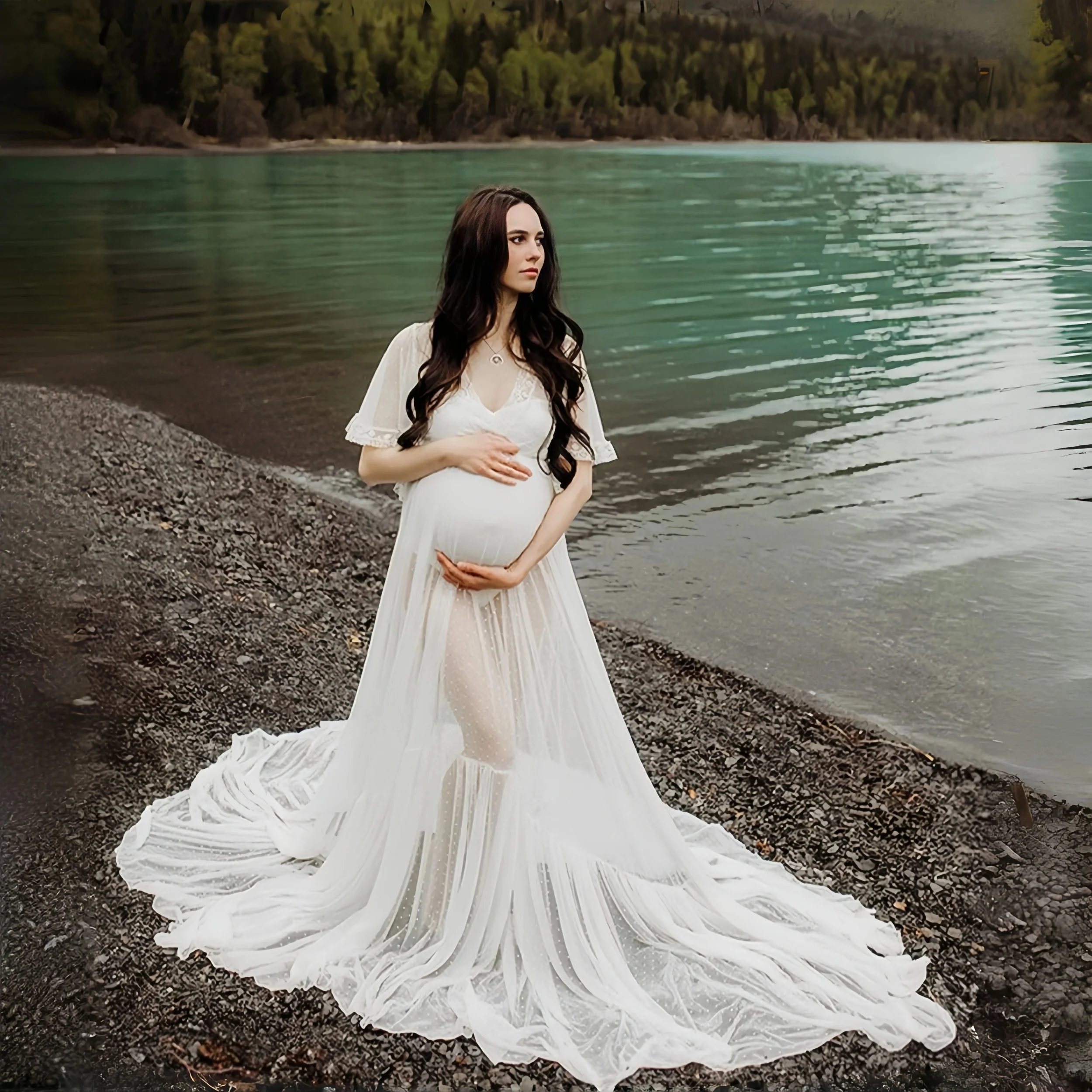 Vestido de tul para embarazo en sesión de fotos – manga corta - imagen 3