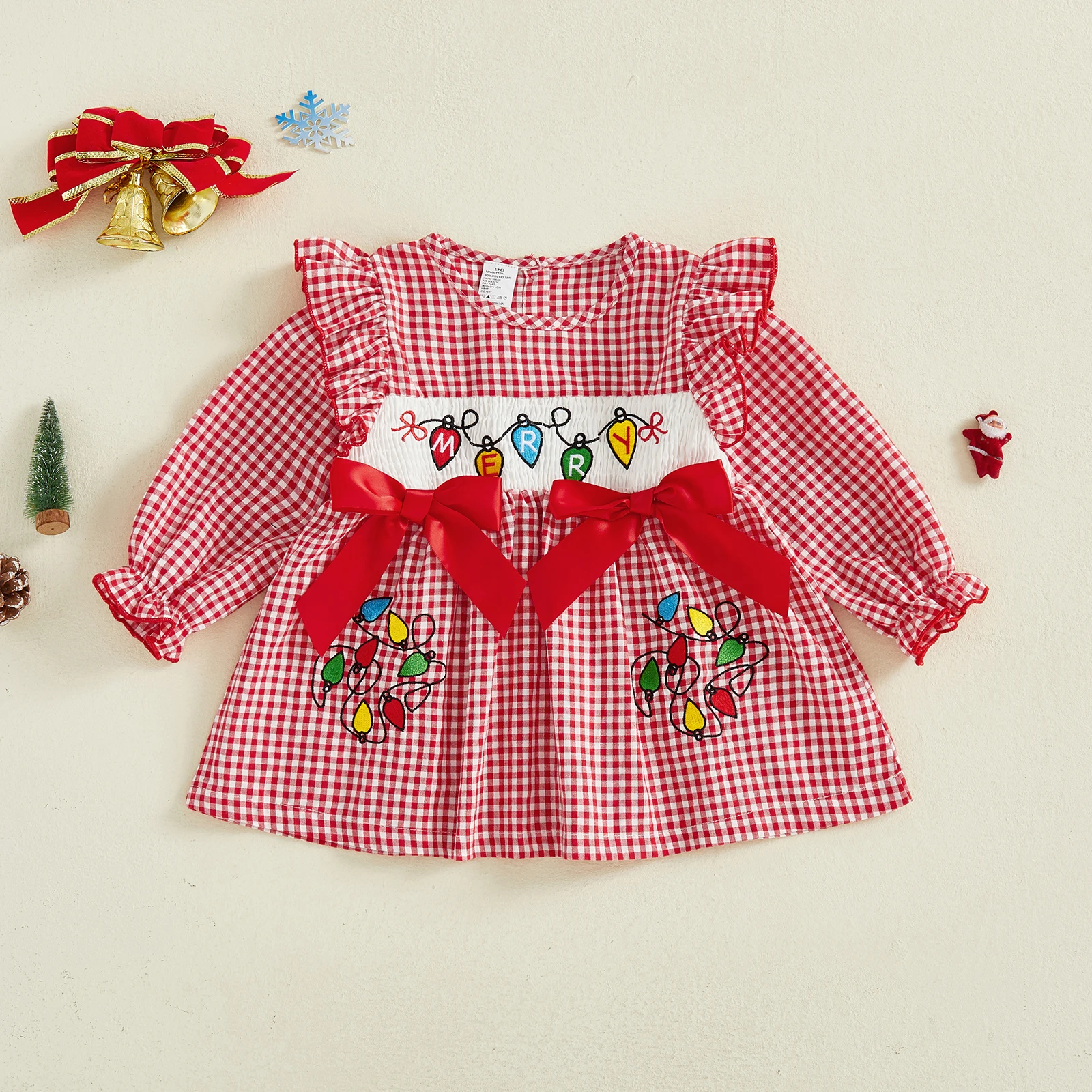 Vestido casual para niñas, manga larga, cuello redondo, bordado a cuadros, otoño, vestido de línea A, disfraz de Navidad - imagen 4