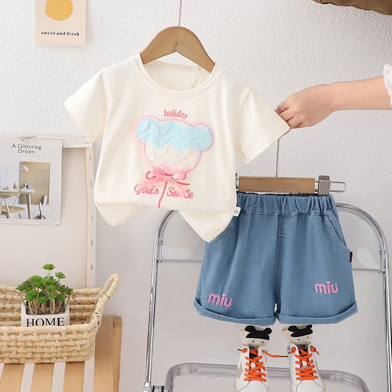 Nueva ropa de verano para bebés, conjunto de ropa para niñas, camiseta, pantalones cortos, 2 unids/set, disfraz informal de algodón para niños, chándales para niños - imagen 3