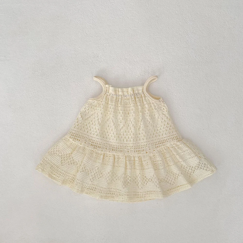 2025 nuevo vestido de princesa con tirantes y volantes calados de encaje para niñas de verano, vestidos de fiesta para niños, traje de verano a la moda para niñas - imagen 5