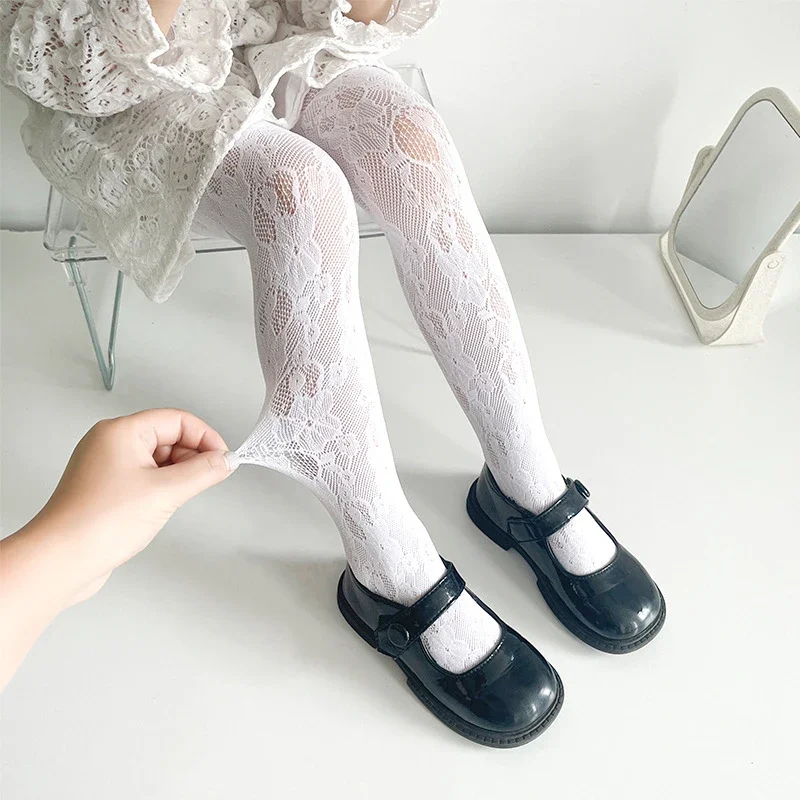 Pantimedias de malla transpirable huecas finas de verano, mallas de princesa de encaje blanco y negro, calcetines para niños y niñas, accesorios para bebés