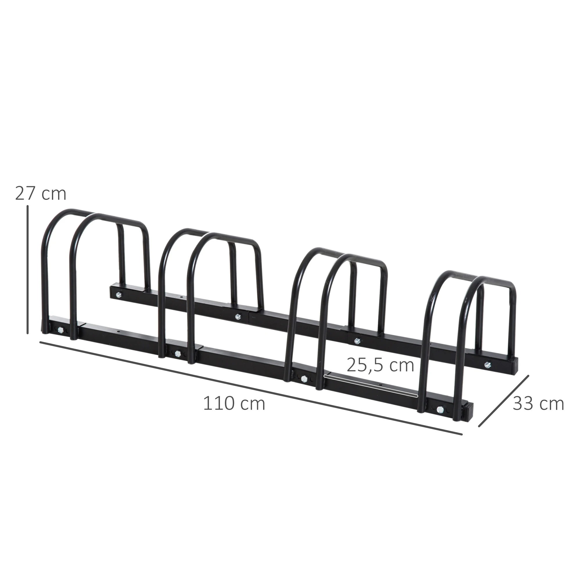 HOMCOM Aparcamiento para 4 Bicicletas Soporte de Acero para Aparcar Bicicletas en el Suelo o Pared Estacionamiento para Interior y Exterior 110x33x27 cm Negro - imagen 3
