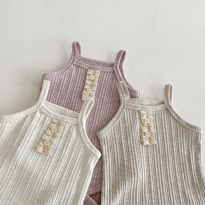 MILANCEL-Body de verano para bebé, ropa bonita de Color sólido con tira para bebé recién nacido, cabestrillo con botones de encaje de una pieza - imagen 3