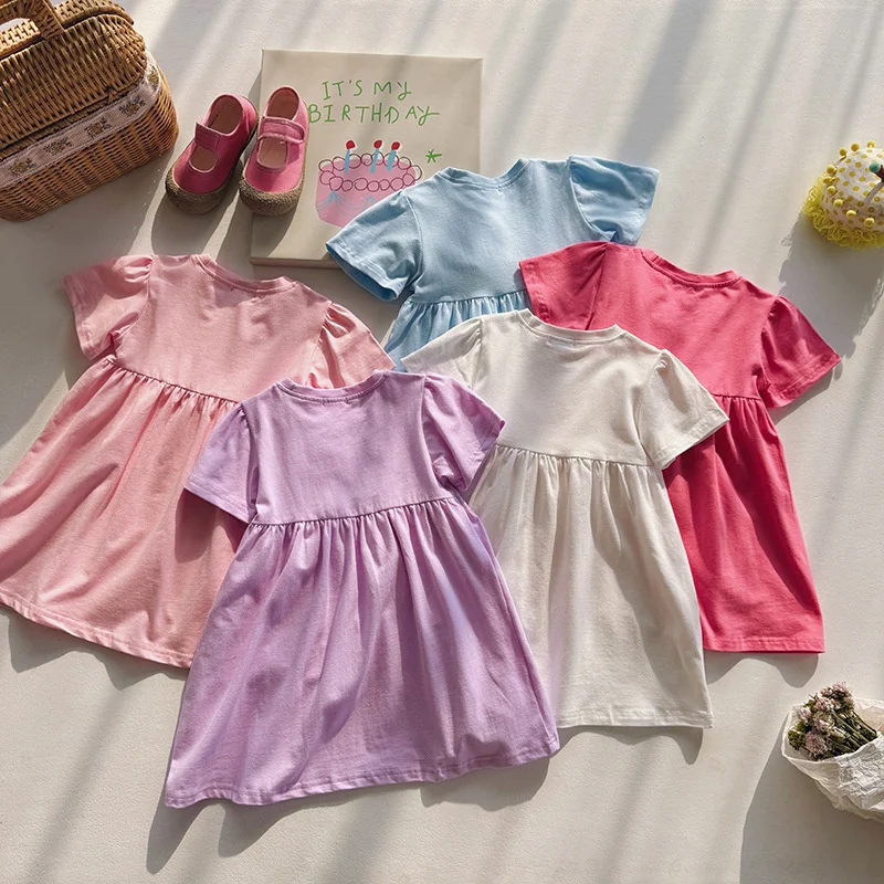 Vestido verano manga corta niñas – Casual suelto liso estilo princesa - imagen 3