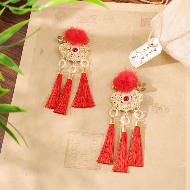 Pinza para el pelo para niños con cerradura tipo jade de Año Nuevo, borla de perlas resistente, bonito estilo Hanfu para niños, accesorio para el cabello festivo esencial - imagen 2