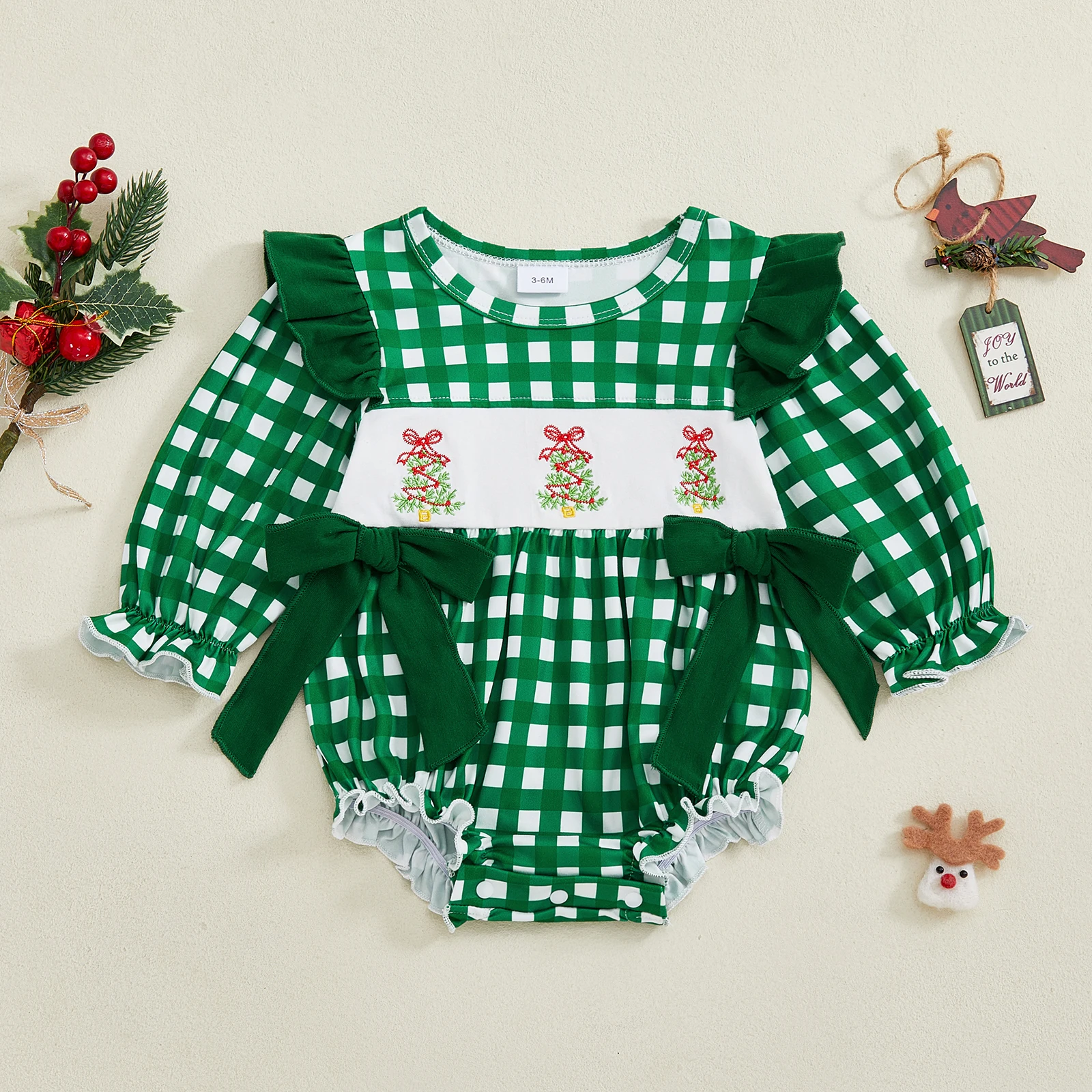 Mono navideño para niña de 0 a 24 meses, peleles con lazo y cuello redondo de manga larga con bordado de árbol y estampado a cuadros