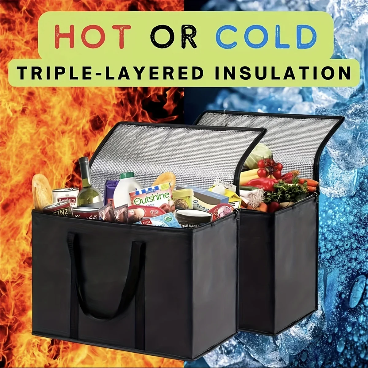 Bolsa aislante XL/grande: mantiene los alimentos calientes y fríos durante las horas: bolsa de comestibles, bolsa refrigeradora suave, calentador de pizza, cremallera liviana y resistente