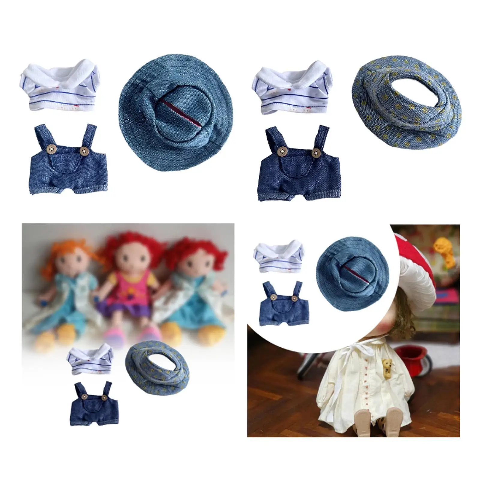 3x Fashion Dolls Suspender Pants with T Shirt Hat, Miniature Clothes Accessory, Handmade Clothing for 15-17cm Dolls