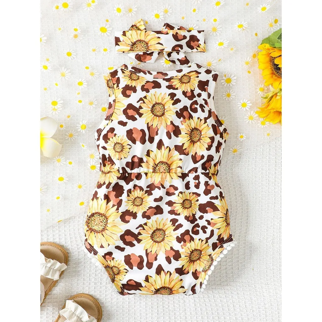 Body para bebé recién nacido de 0 a 2 años, 2 piezas con diadema, Pelele con estampado Floral, ropa de verano - imagen 2