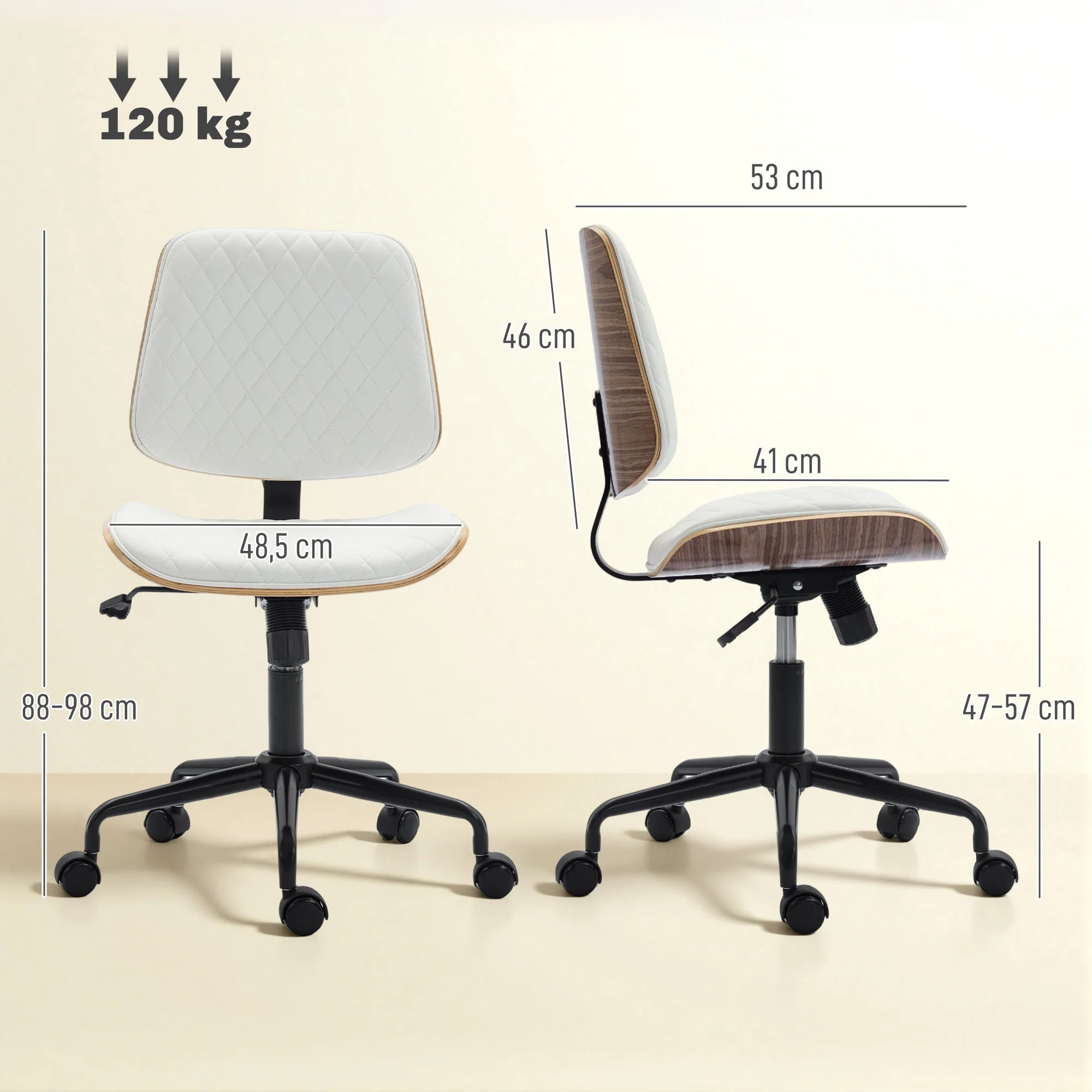 HOMCOM Silla de Escritorio sin Brazos, Silla de Oficina Giratoria, Tapizada en Cuero Sintético, con Respaldo Curvado, Asiento Forma U, Altura Ajustable, Basculante, Blanco - imagen 3