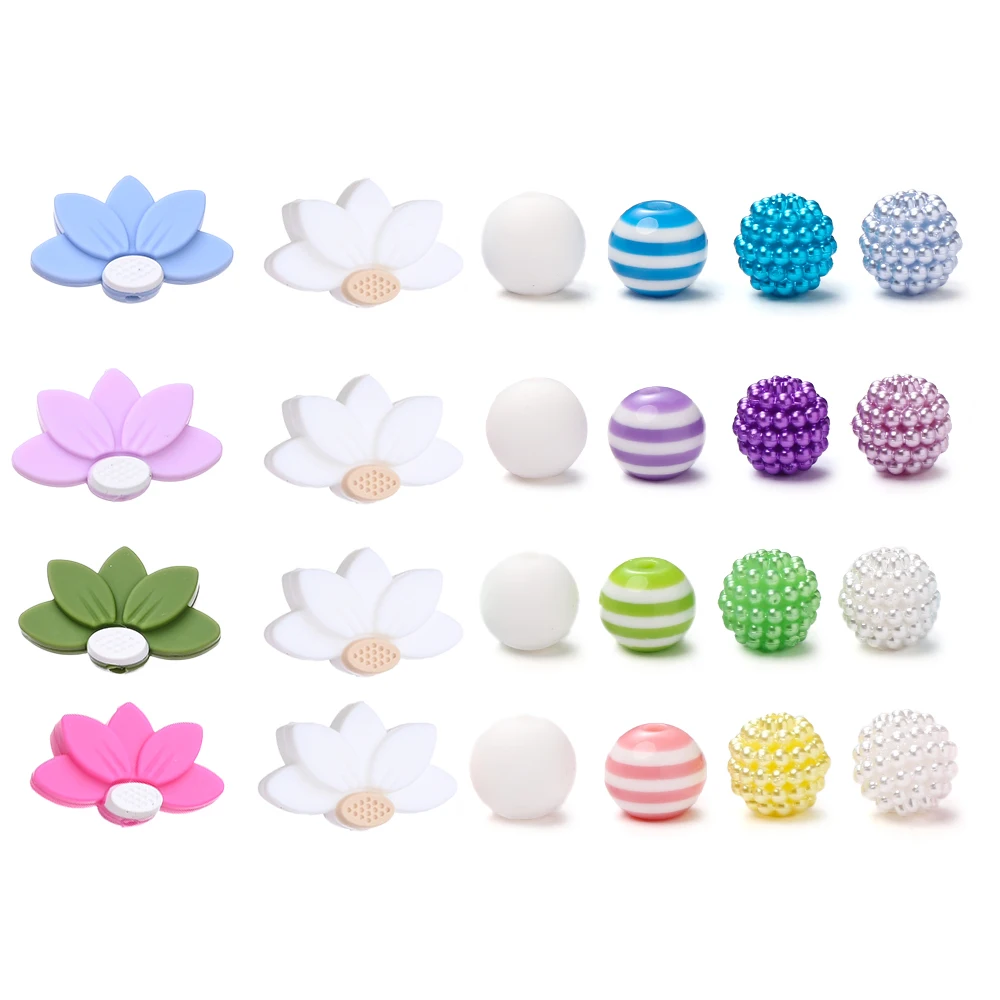 42 Uds. Cadena de chupete con flores y cuentas redondas de silicona, cuentas de dentición sin BPA, Clip simulado y accesorios para collar DIY
