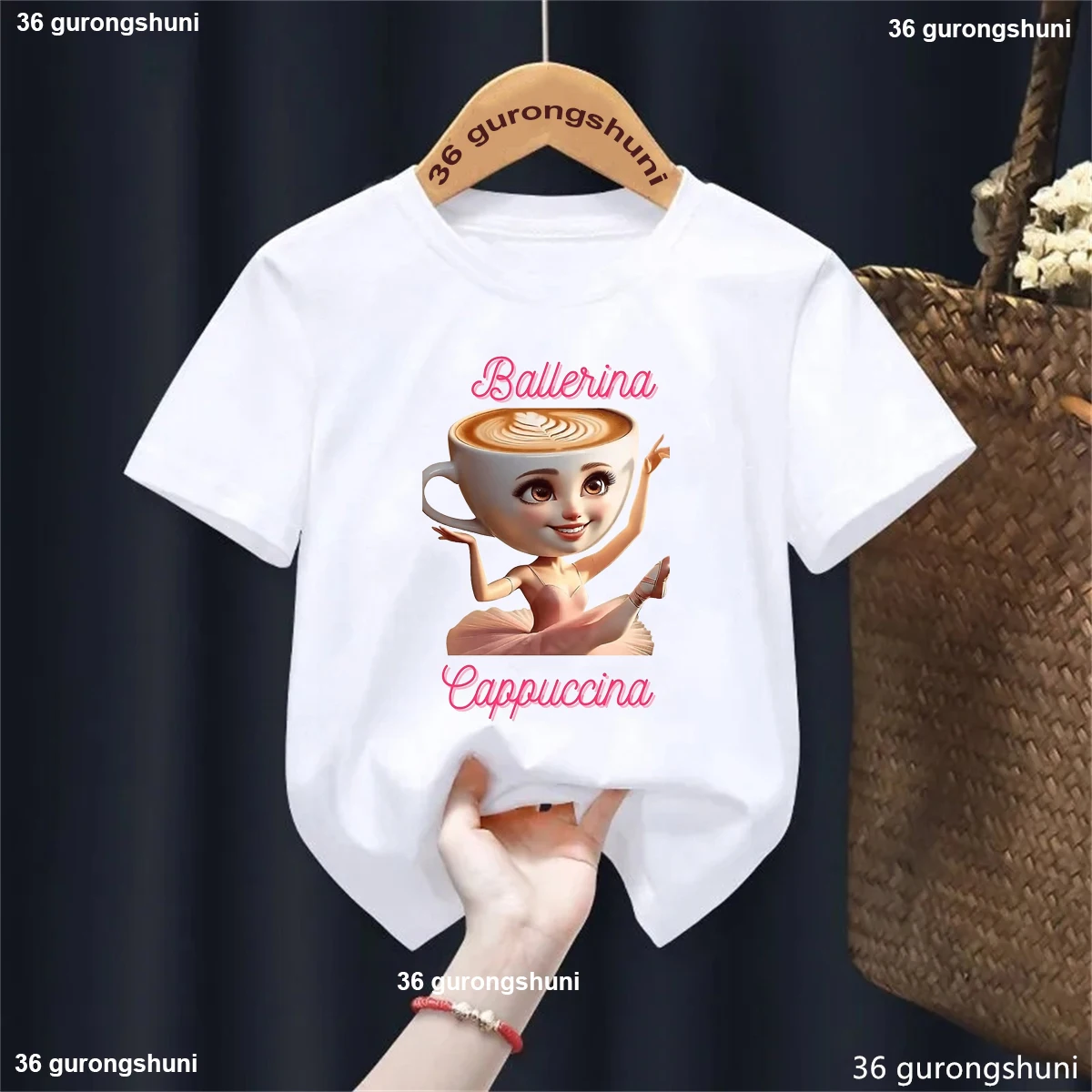 Bailarina capuchino saludo café bailarina de Ballet Rosa arco impreso camiseta niñas divertido amante de la danza ropa para niños camiseta de verano