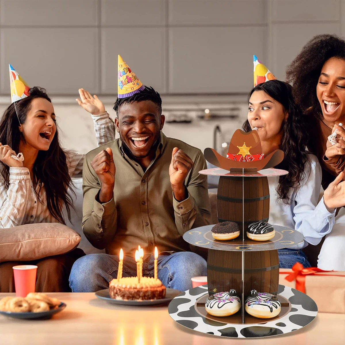 Soporte de papel para pastel de West Cowboy de 3 niveles, decoración para fiesta de feliz cumpleaños de West Cowboy, decoraciones para pasteles para niños y niñas, suministros para Baby Shower - imagen 5