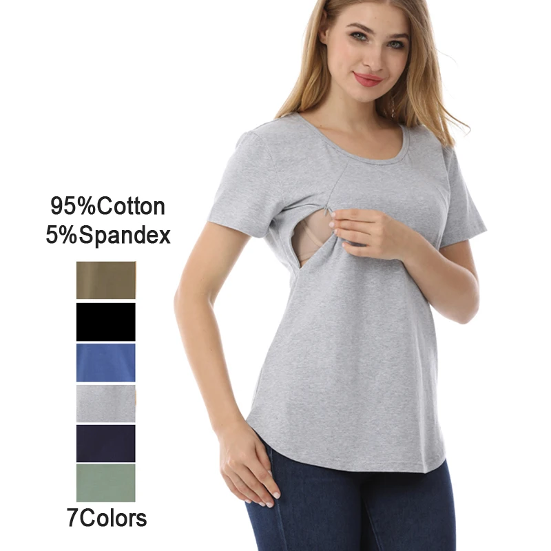 Ropa de lactancia, camiseta de algodón, Tops de lactancia, camiseta de maternidad de manga corta de talla grande para mujeres embarazadas, ropa de lactancia de verano