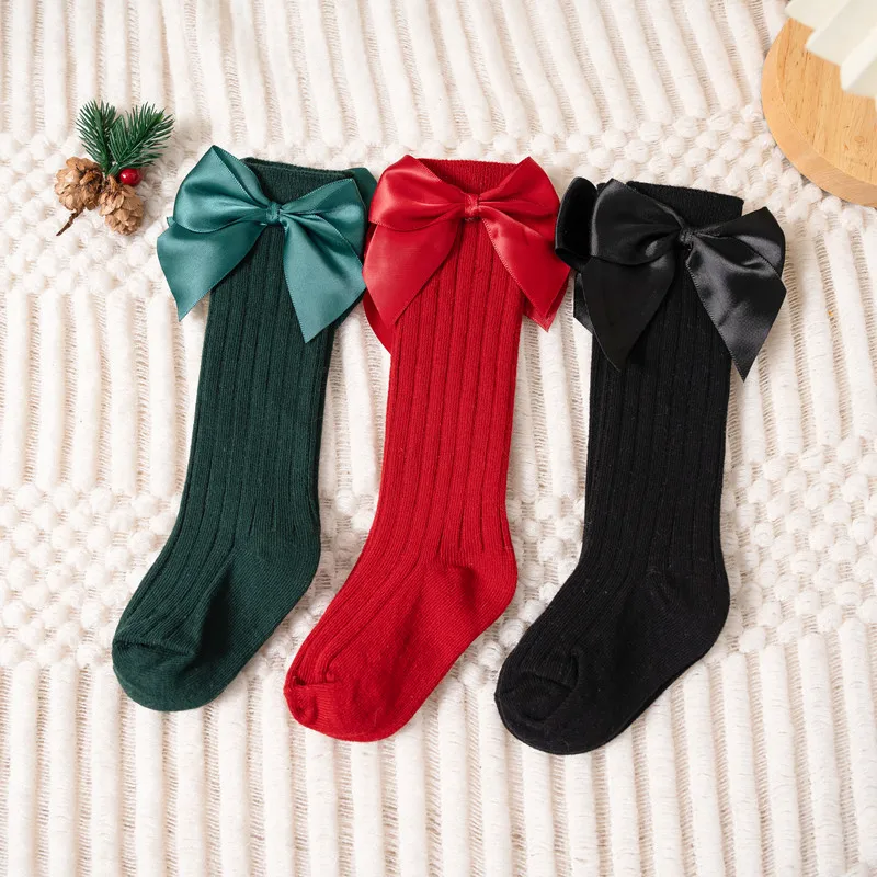 Calcetines para niñas, Otoño Invierno, niños, lazo grande hasta la rodilla, largos, suaves, lindos calcetines de Navidad para niños, calcetines rojos de algodón para recién nacidos de 0 a 8 años - imagen 4