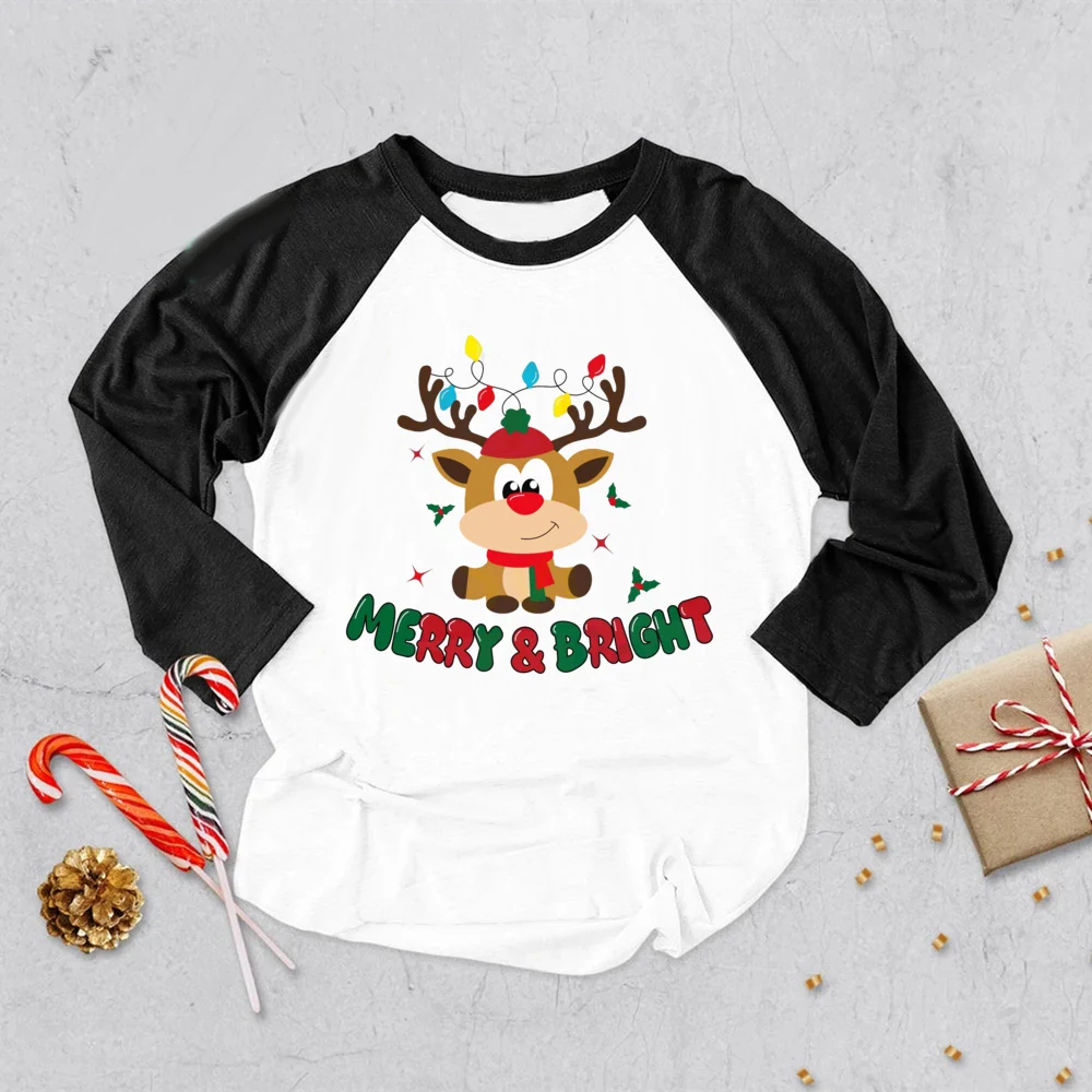 Feliz Navidad Santa ciervo impreso niños camisa niños niñas raglán manga larga Tops día de Navidad niño traje niño ropa de Navidad para niños pequeños - imagen 4