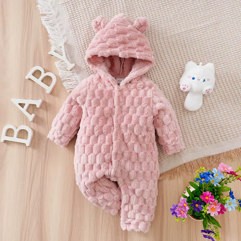 Pelele bebé recién nacido de franela de invierno rosa con capucha - imagen 5