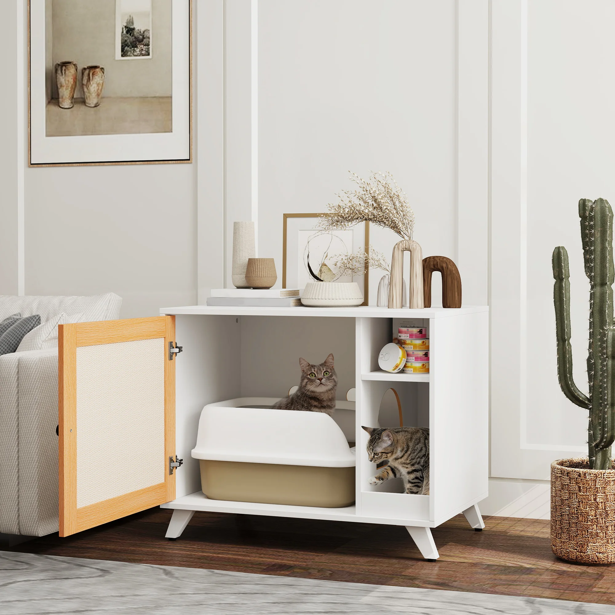 PawHut Mueble Arenero para Gatos Caja de Arena para Gatos con Puerta con Almohadilla para Rascar y Compartimento Arenero para Gatos para Salón Dormitorio 77x50x63 cm Blanco - imagen 2