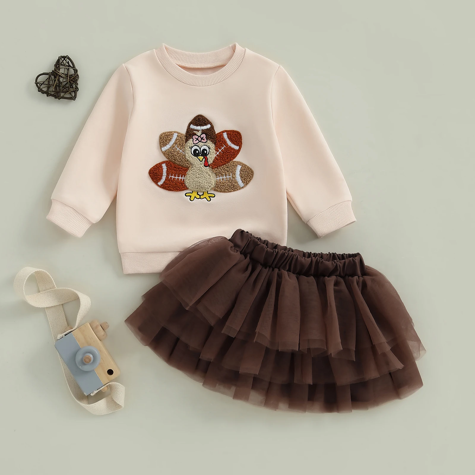 Conjunto de 2 piezas de falda de tul con minifalda acampanada, sudadera bordada de pavo de fútbol, traje de Acción de Gracias para niña pequeña - imagen 2