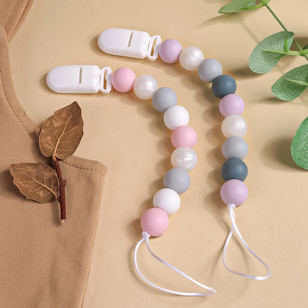 Nuevo Clips de silicona para chupete de bebé, cuentas redondas de silicona para mordedor, cadena de chupete para la dentición del bebé, juguetes seguros sin BPA