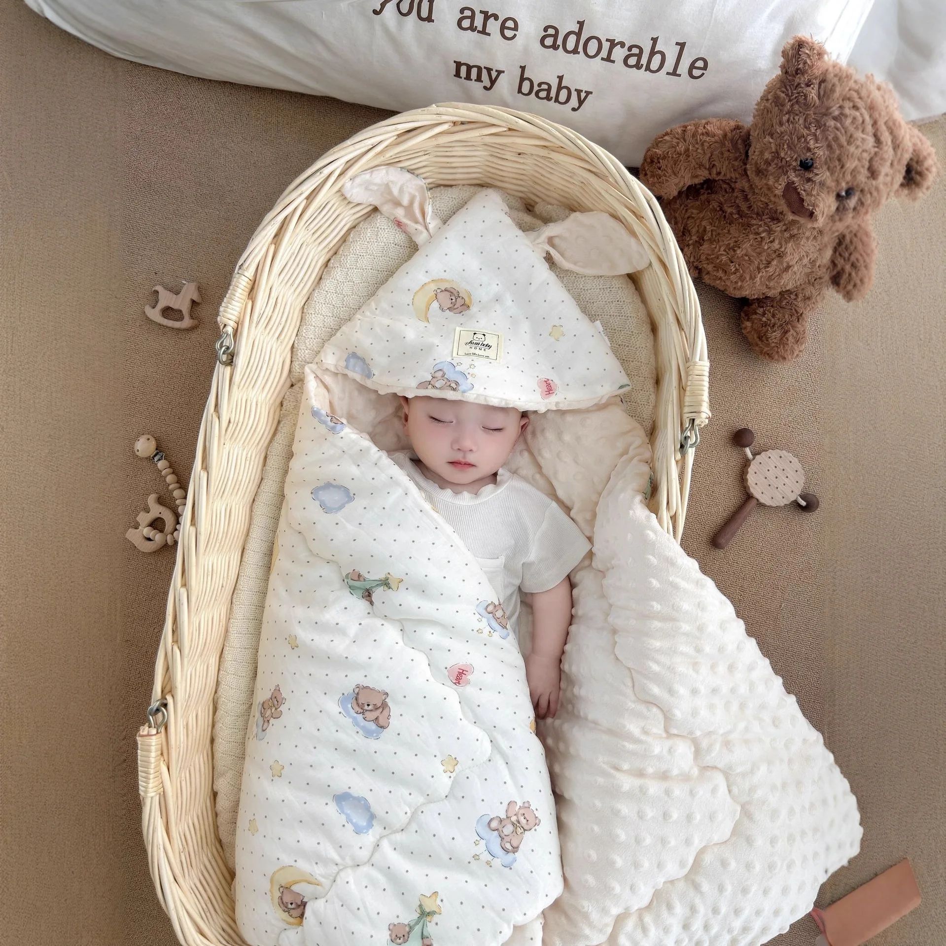 Manta envolvente de algodón suave y cálida con puntos sensoriales, manta receptora para recién nacido, tela para envolver con estampado de orejas para regalo de Baby Shower - imagen 3