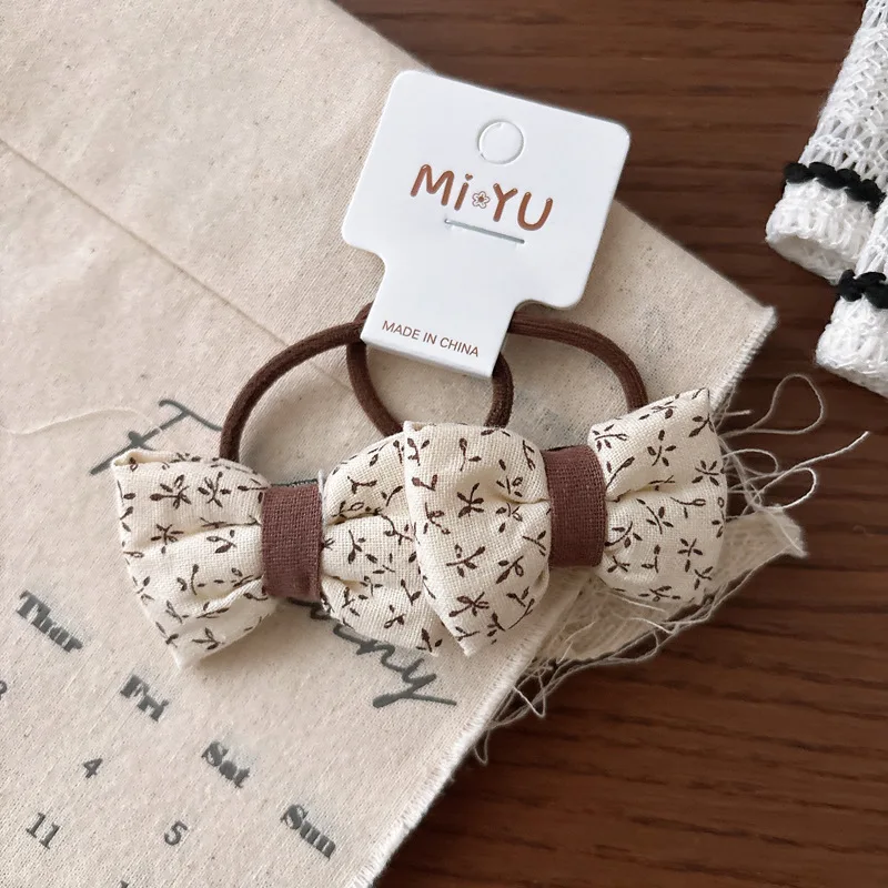 2 unids/set coreano niños lazos para el cabello tela Beige dulce elástico con patrón Floral de lunares bandas para el cabello doble retorcido para niña - imagen 4