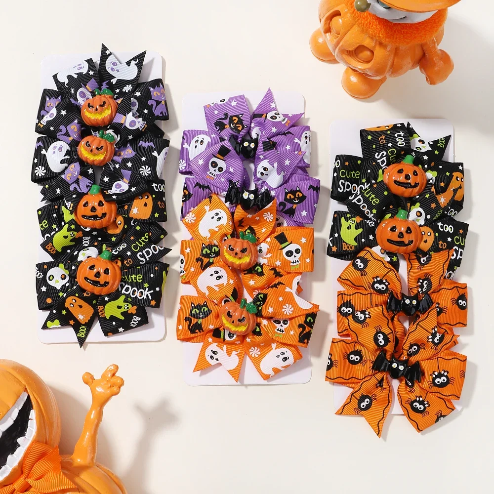 4 unids/set cinta de Halloween niños lazos horquilla para niña divertida calabaza horquilla animación Bowknot horquilla accesorios para el cabello - imagen 2