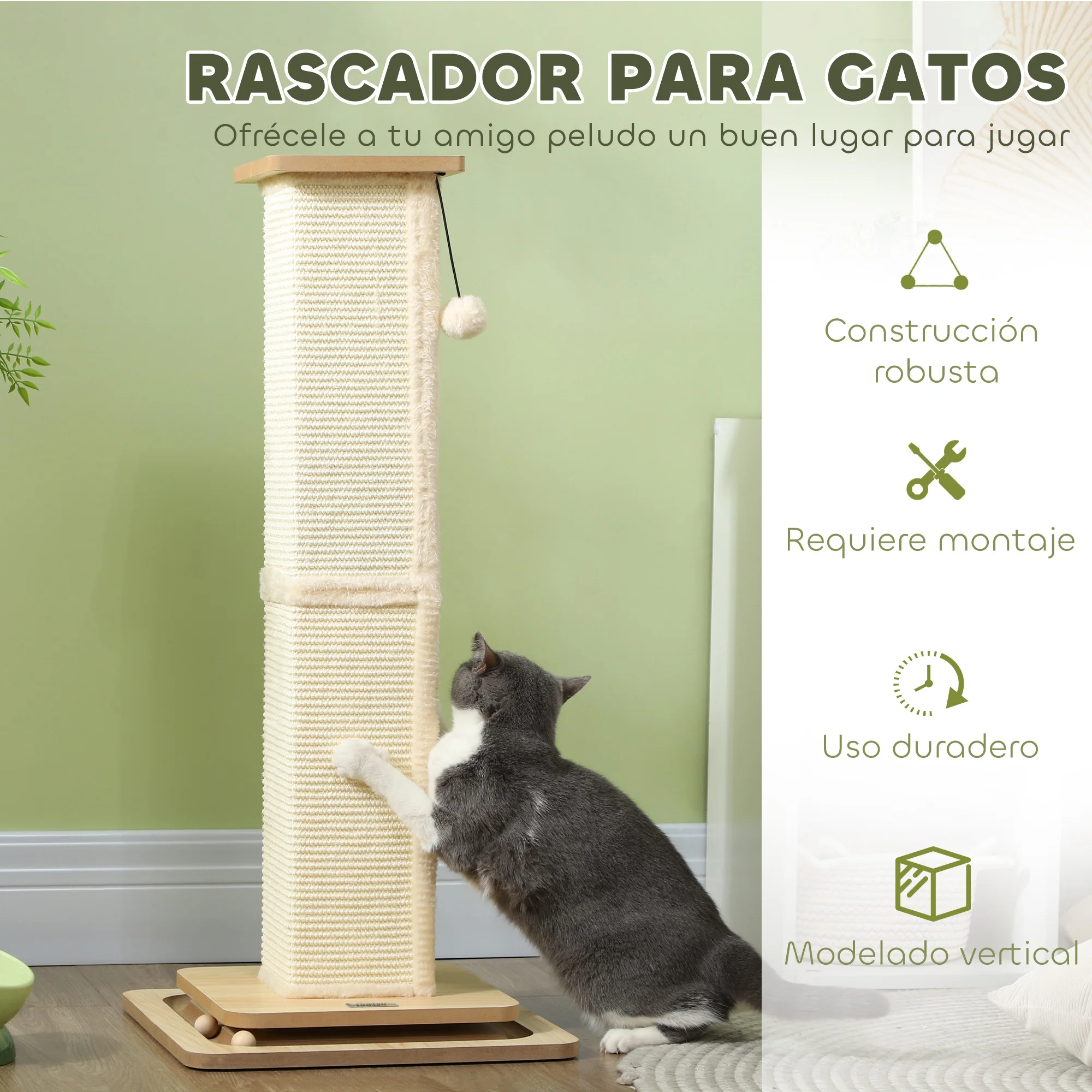 PawHut Poste Rascador para Gatos 87 cm Rascador para Gatos Arañador para Gatos con Bola Colgante Juguete de Pelota de Pista y Poste de Sisal Roble - imagen 5