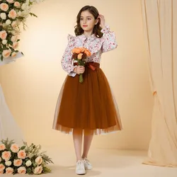 Vestido de verano manga larga floral con cinturón para niña