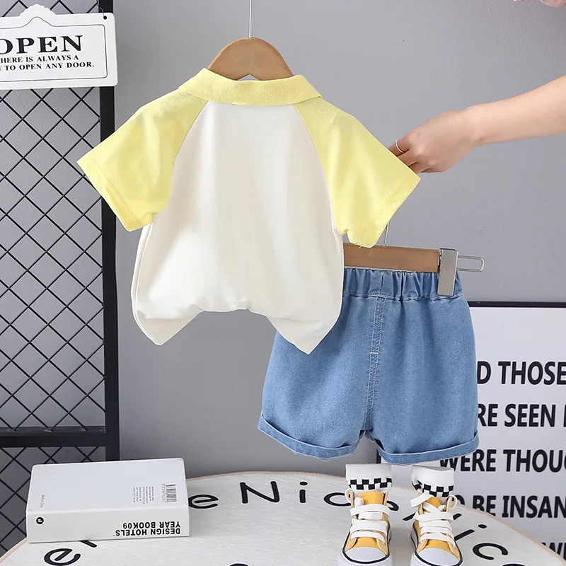 Conjuntos de 2 piezas de verano para niño pequeño, trajes coreanos de dibujos animados, moda informal bonita, Tops de manga corta para bebé + Pantalones cortos de mezclilla, ropa para niño B163 - imagen 5