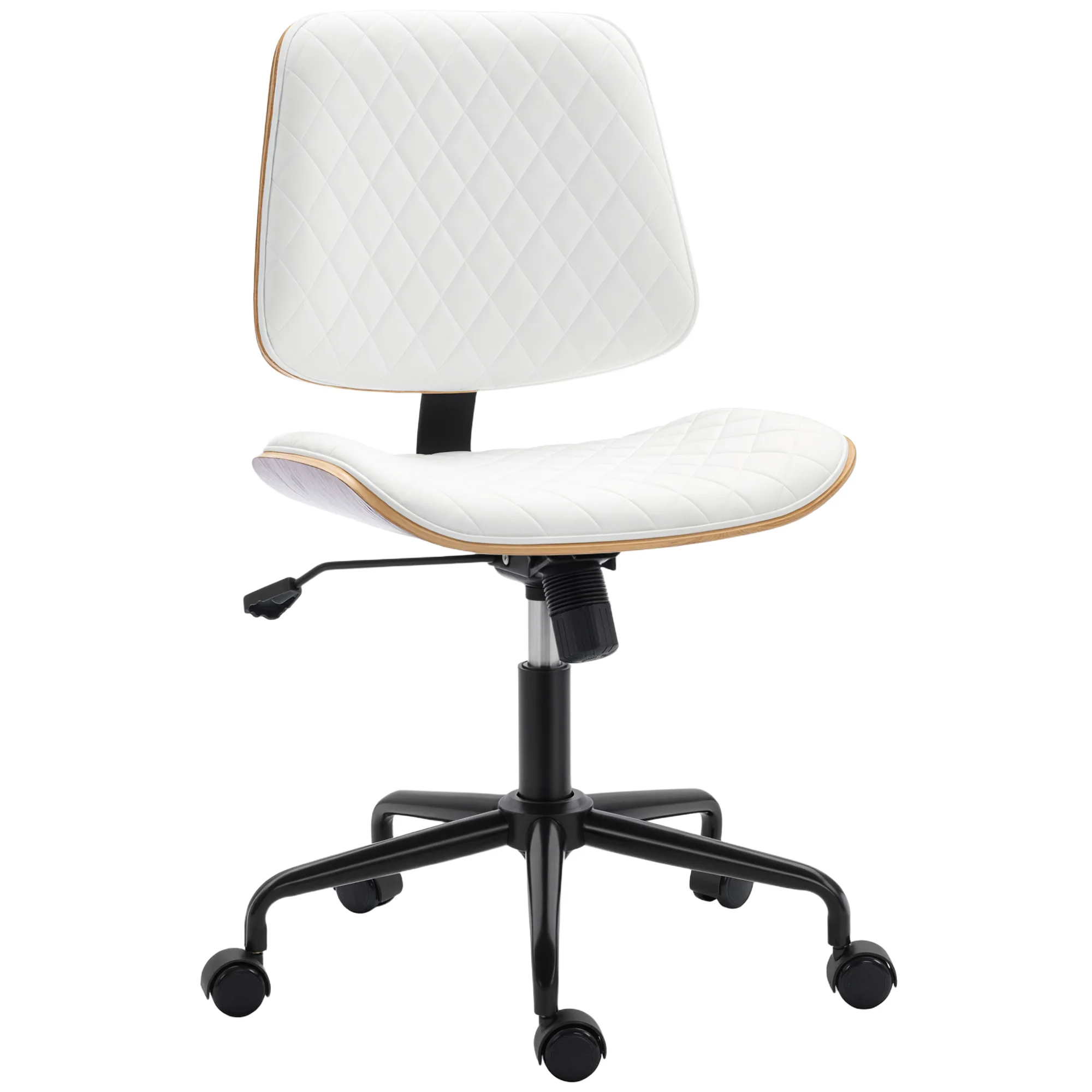 HOMCOM Silla de Escritorio sin Brazos, Silla de Oficina Giratoria, Tapizada en Cuero Sintético, con Respaldo Curvado, Asiento Forma U, Altura Ajustable, Basculante, Blanco