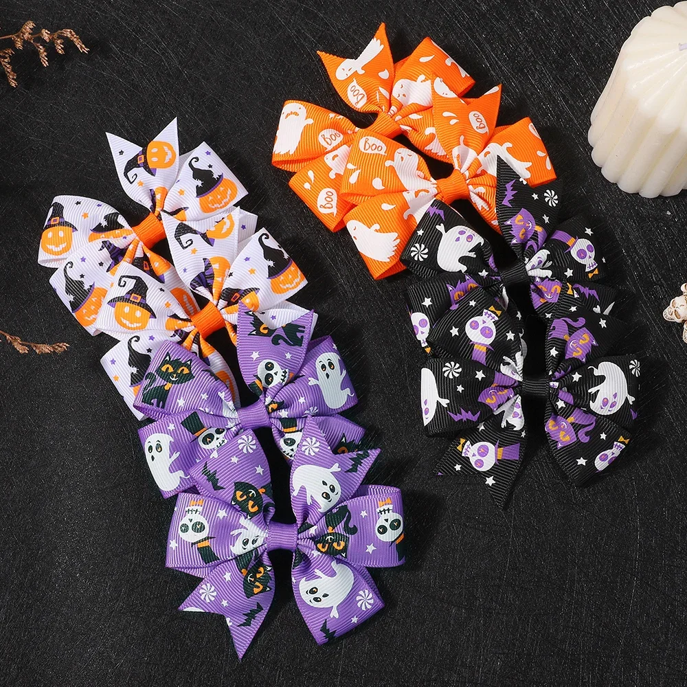 2 uds. De lazos para el pelo de Halloween, pinza para el pelo para niñas, bebé, calabaza, estampado de fantasma, horquilla con lazo, accesorios para el cabello para niños pequeños, regalos - imagen 4