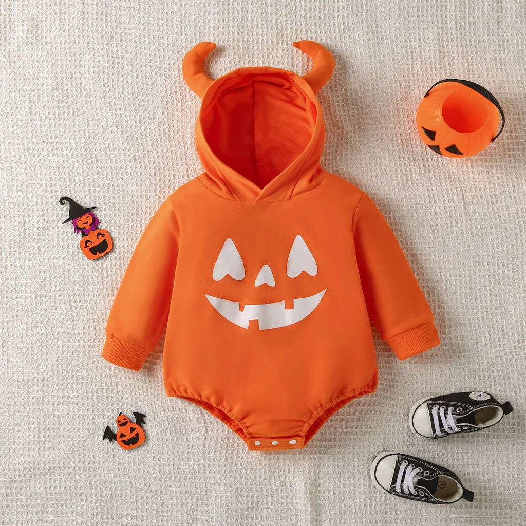 Conjunto de mono de Halloween para 0-18 meses |   Traje para gatear con capucha y estampado de calabaza, traje de Halloween para bebé |   Lindo traje festivo - imagen 2