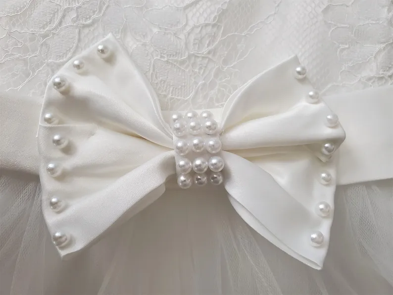 Conjunto de vestido de bautizo y diadema de encaje de 2 piezas: vestido de bautismo, vestido de niña de las flores - imagen 3