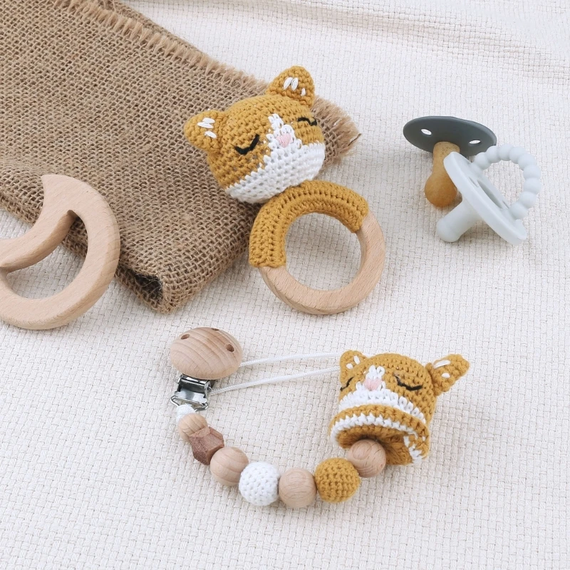 Sonajero de Animal de dibujos animados de ganchillo para bebé, anillo de madera kawaii, sonajero para recién nacido, juguetes hechos a mano, Clips para chupete, juguetes educativos para niños - imagen 2