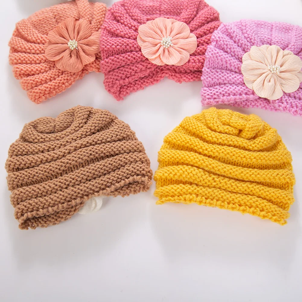 Gorros de punto con flores grandes de la India, gorros de ganchillo para recién nacidos, gorros de invierno para niños de 0 a 3T, diademas para niños y niñas, accesorios de fotografía - imagen 3